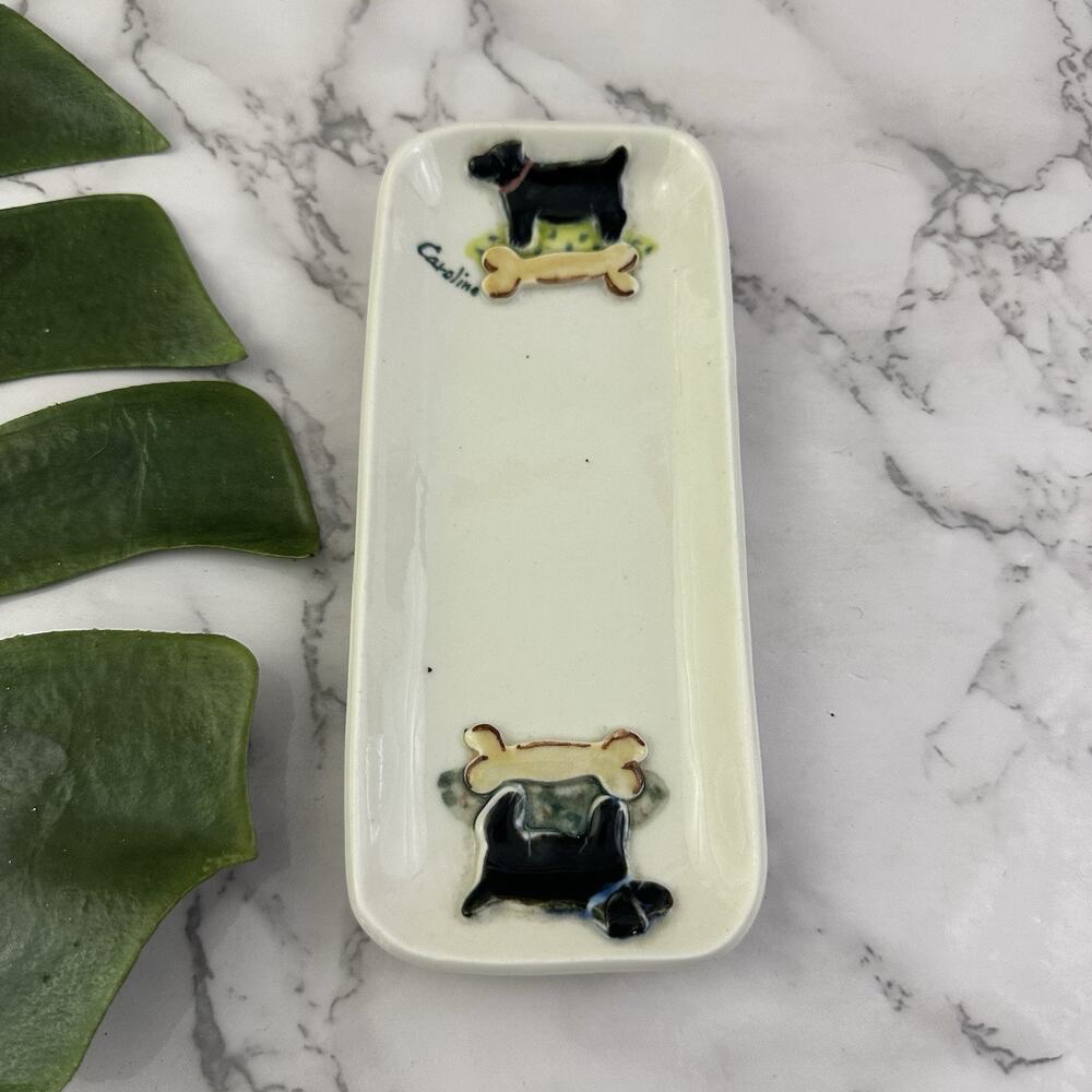 The Porcelain Pasture Black Dog Trinket Dish Ring Tray White Bone Caroline Puppy